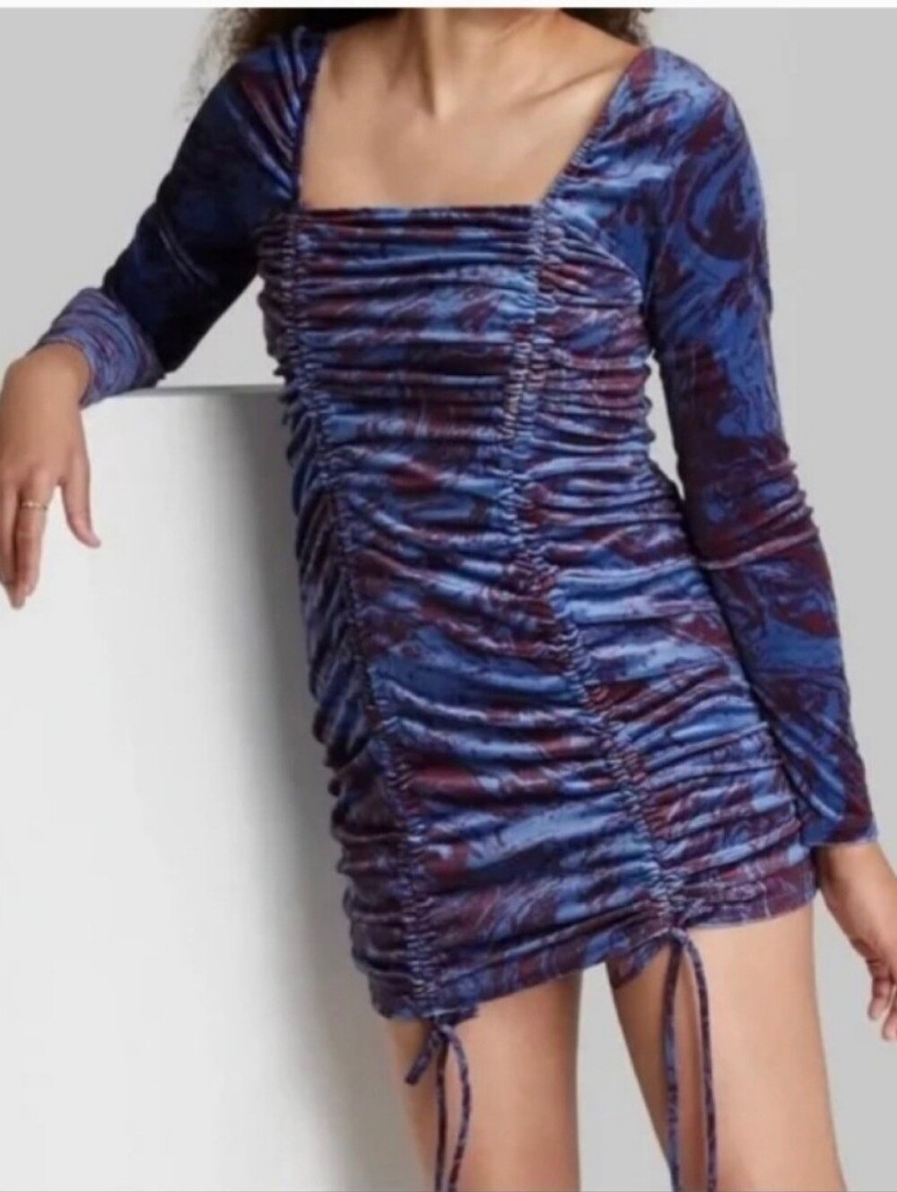 Ruched Velvet Long Sleeve Mini Dress Marble Bodycon Size L Large NWT Wild Fable